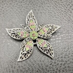Vintage Corocraft Flower Brooch Pin Silver Tone Rhinestone Costume Jewelry 2"